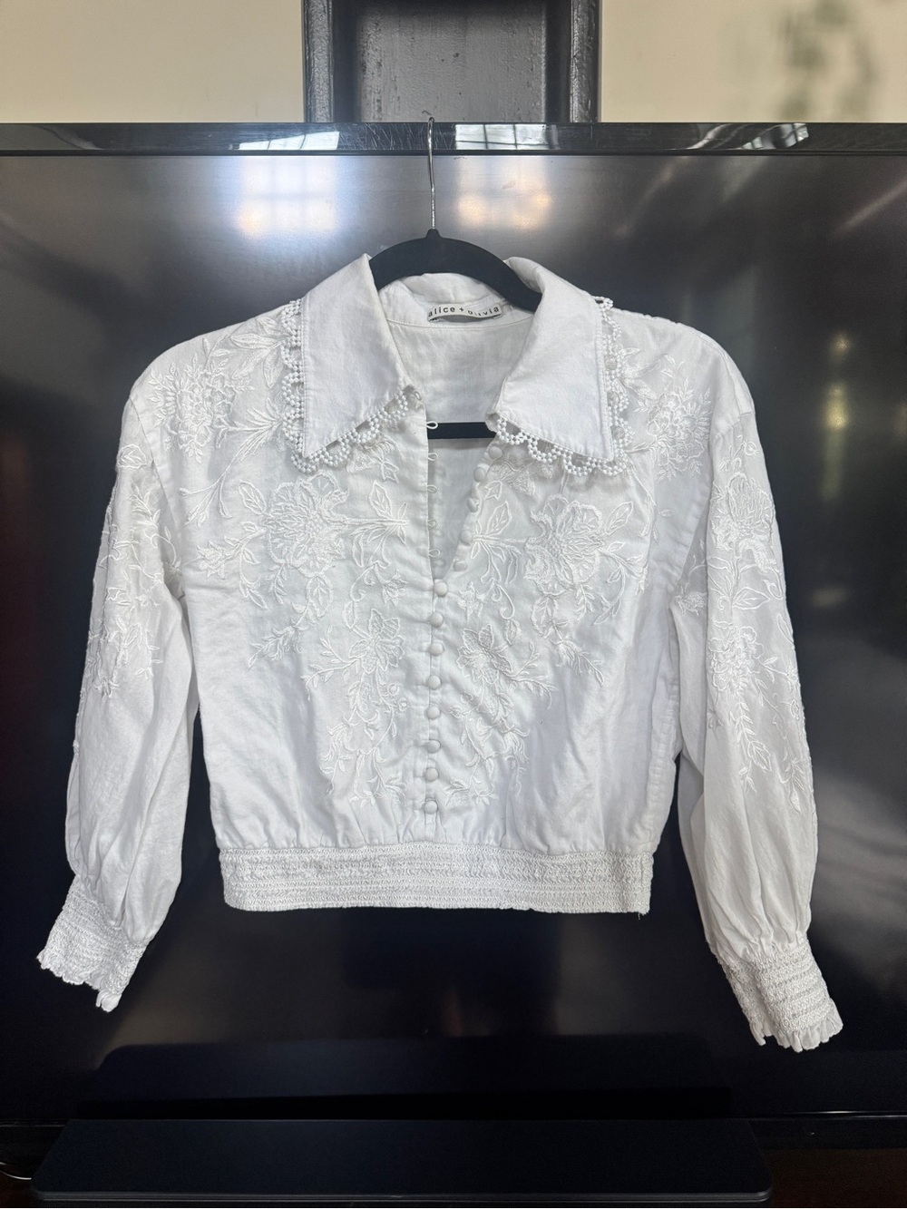 Alice + Olivia White Embroidered Cotton Button-Front Blouse